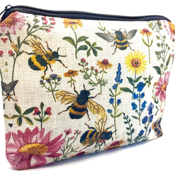 Summer Garden Bee Bees Flowers Wildflowers Zippered Pouch Cosmetic Travel Bag - Picture 1 of 5